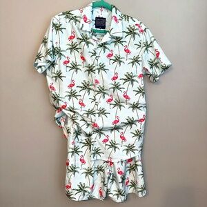 EUC Broken Threads Cabana Matching Swim Set Flamingo Palms Trunks Shirt Medium